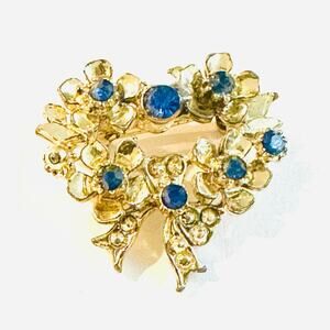 Vintage Gold Flowers Heart Brooch with blue Crystals